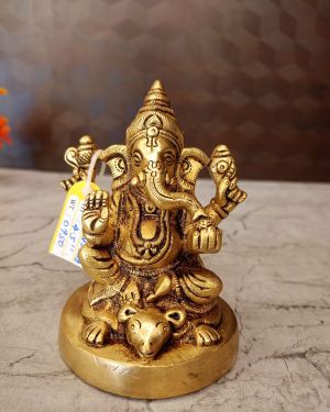 Brass Round Base Ganesha Sitting On Rat 4.5″