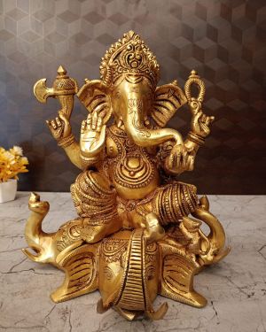 Brass Ganesha Idol Sitting On Elephant Head 12.5″