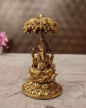 Brass Fine art Ganesh with an Umbrella 4″