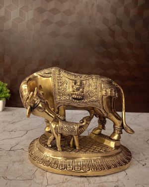 Brass Kamadhenu With Ganesha and Lakshmi God Portrait Idol- 7.5″