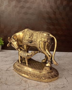 Brass Kamadhenu With Ganesha and Lakshmi God Portrait Idol- 7.5″