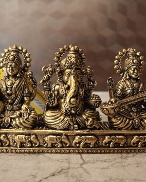 Brass Lakshmi Sarsawathi Ganesha Sitting On Rectangle Base 3″
