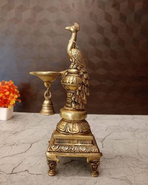 Brass Peacock Diya with Bell- 12″