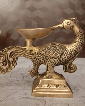 Brass Peacock Holding Diya-4.2″