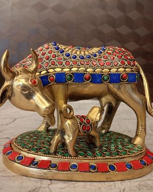 Buy Brass Stone Cow And Calf For Pooja 5″