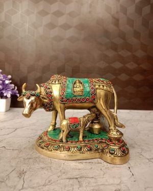 Brass Stone Cow And Calf Idol 5.5″