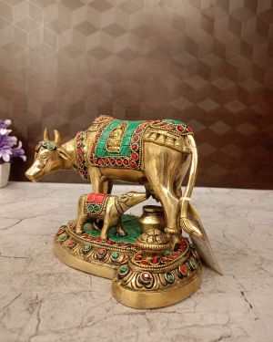 Brass Stone Cow And Calf Idol 5.5″