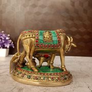Brass Stone Cow And Calf Idol 5.5″