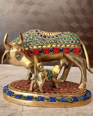 Buy Brass Stone Cow And Calf For Pooja 5″