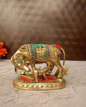 Brass Stone Cow And Calf Statue 5″
