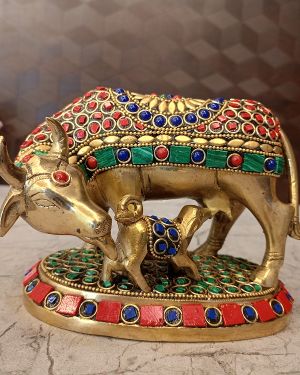Brass Stone Cow And Calf For Pooja 4.5″