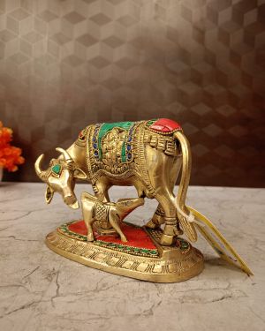 Brass Stone Cow And Calf Statue 5″