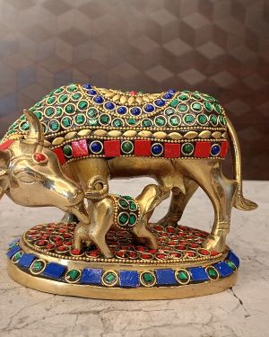 Brass Stone Cow And Calf For Pooja 4.5″