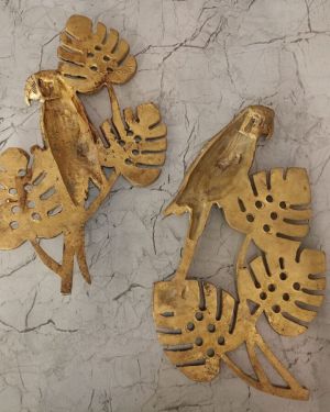 Brass golden parrot with leaves wall decor