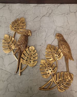Brass golden parrot with leaves wall decor