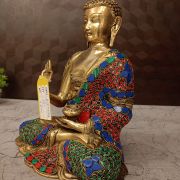 Brass Stone Buddha Statue , Red Green And Blue Stone Work Finish 12″