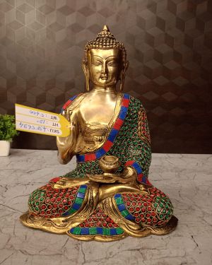 Brass Stone Buddha Statue , Red Green And Blue Stone Work Finish 12″