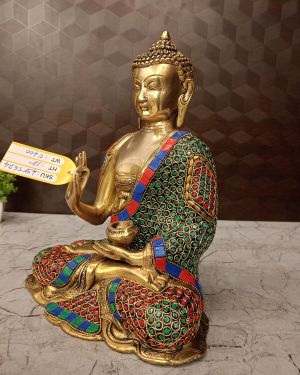 Brass Stone Buddha Statue , Red Green And Blue Stone Work Finish 12″