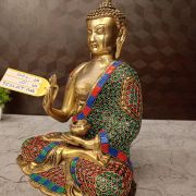 Brass Stone Buddha Statue , Red Green And Blue Stone Work Finish 12″