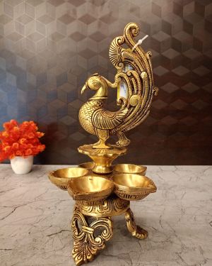 Brass Five face Peacock Diya With Decorative Base 12″