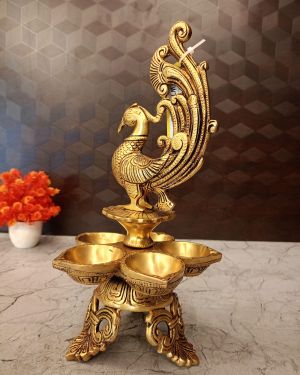 Brass Five face Peacock Diya With Decorative Base 12″