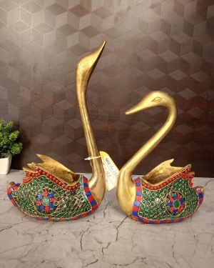 Brass Stone Swan Pair Statue 12.5″