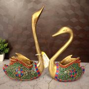 Brass Stone Swan Pair Statue 12.5″