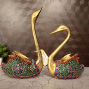 Brass Stone Swan Pair Statue 12.5″