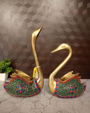 Brass Stone Swan Pair Statue 12.5″