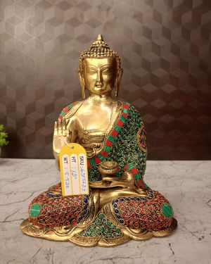 Brass Charming Buddha stone work , Green And Red Finish 12″