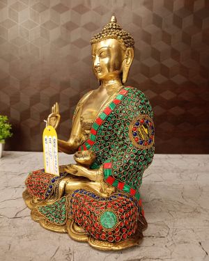 Brass Charming Buddha stone work , Green And Red Finish 12″