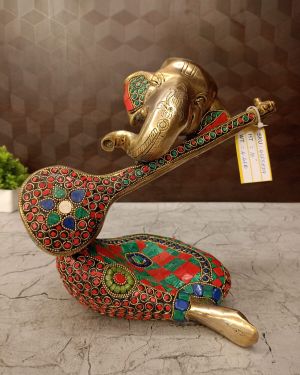 Brass Stone Finish Modern Ganesha Idol With Veena 10”