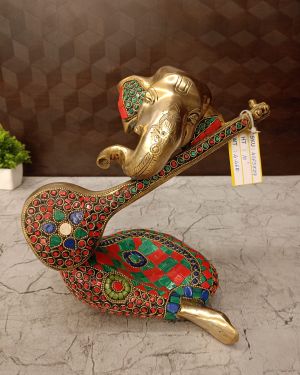 Brass Stone Finish Modern Ganesha Idol With Veena 10”