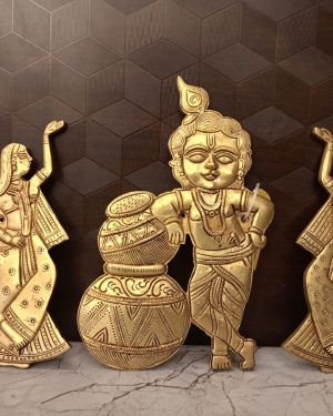 Brass Krishna With Decor Lady Wall Mount 10″