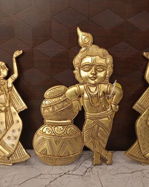 Brass Krishna With Decor Lady Wall Mount 10″