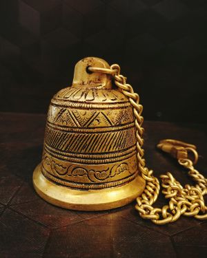 Brass Well Designed Hanging Bell | Designer Brass Hanging Bell With Chain 22”