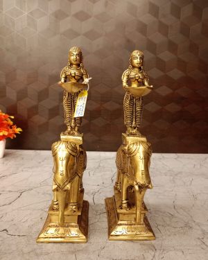 Brass Paavai Diya Standing On Elephant Idol Pair 9.5″