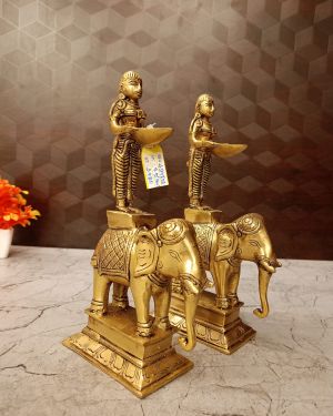 Brass Paavai Diya Standing On Elephant Idol Pair 9.5″