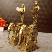 Brass Paavai Diya Standing On Elephant Idol Pair 9.5″