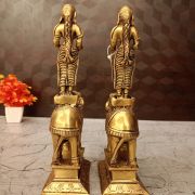 Brass Paavai Diya Standing On Elephant Idol Pair 9.5″