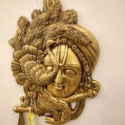 Brass Krishna Face with Flute Wall Hanging- 13″