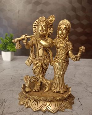 Brass Radha Krishna Statue 6.5″ Lotus Base For Pooja And Gift