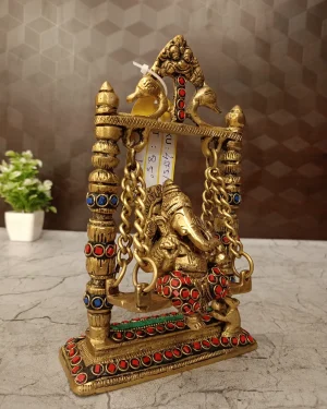Brass Swing Ganesha With Stone Finish 8.5″