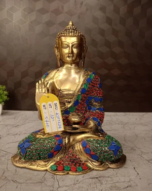 Brass Stone Buddha Statue , Red Green And Blue Stone Work Finish 12″