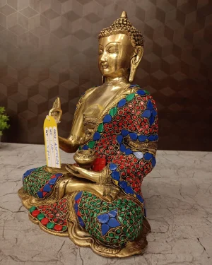 Brass Stone Buddha Statue , Red Green And Blue Stone Work Finish 12″