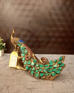 Brass Peacock Idol Stone Finish 8”