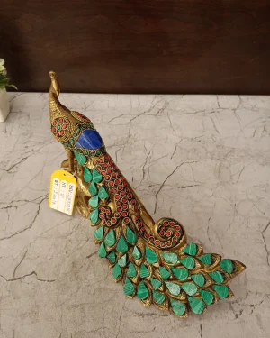 Brass Peacock Idol Stone Finish 8”