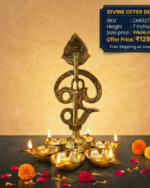 Brass Om Vel with 6 Diyas 7 Inch – Powerful Murugan Vel Diya for Pooja, Spiritual Decor & Return Gifts