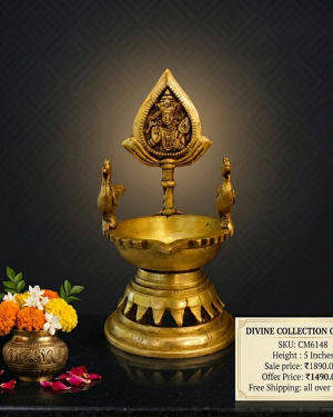 Premium Brass Murugan Peacock Diya 5 Inch Traditional Temple Lamp for Pooja and Home Decor