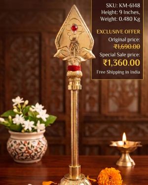 Handcrafted Brass Om Vel With Red Stone Round Base 9 Inch – Auspicious Murugan Vel Idol for Pooja, Gifts and Spiritual Decor